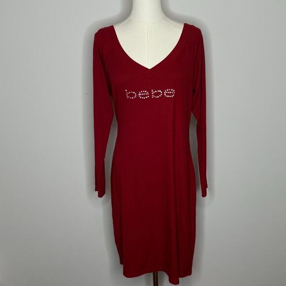 Bebe Red Long Sleeve Sparkly Logo Mini Dress Size Large - Picture 3 of 10
